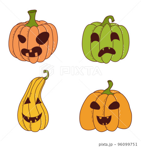 Set of pumpkin of various shapes and colors with funny faces. Halloween elements. Vector illustration in hand drawn style Set of pumpkin of various shapes and colors with funny faces. Halloween elements. Vector illustration in hand drawn style 96099751