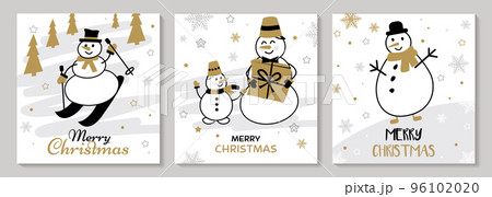 Christmas set cards, hand drawn. With Gold and black snowman, snowflakes Christmas set cards, hand drawn. With Gold and black snowman, snowflakes 96102020
