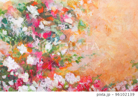 オレンジの背景にピンクと白の花と緑の葉の絵 オレンジの背景にピンクと白の花と緑の葉の絵 96102139