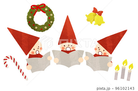 白背景に赤い帽子の三人のこどもとクリスマスリース、ベル、キャンディ、ろうそくのあるイラスト 96102143