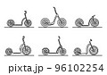 Set of flat design images of kick scooters with big wheels drawn in art line style. 96102254