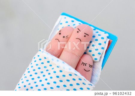 Fingers art of  family sleep together. Concept of child prevents parents from sleeping. 96102432