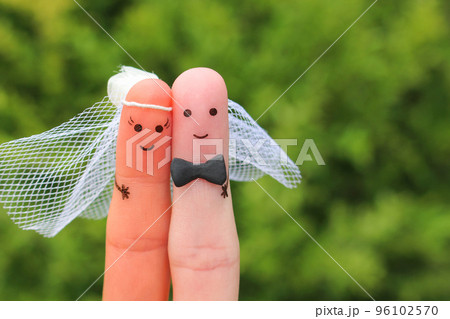 Fingers art of happy couple to get married. Concept of wedding ceremony mixed race couple. 96102570