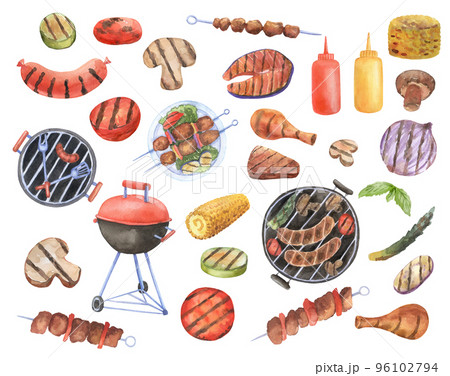 BBQ watercolor set. Grilled meat, sausages, fish steak and chicken. Cooked picnic vegetables isolated on white. Barbecue collection BBQ watercolor set. Grilled meat, sausages, fish steak and chicken. Cooked picnic vegetables isolated on white. Barbecue collection 96102794