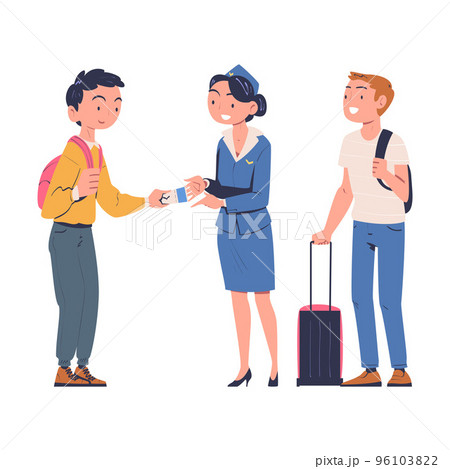 Man Character at the Airport Gate with Luggage Boarding Plane with Ticket Vector Illustration Man Character at the Airport Gate with Luggage Boarding Plane with Ticket Vector Illustration 96103822