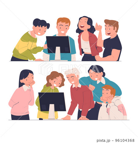 Happy People Character Looking at the Computer Monitor Rejoicing and Cheering Vector Set 96104368