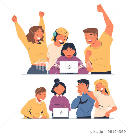 Happy People Character Looking at the Laptop Monitor Rejoicing and Cheering Vector Set 96104369