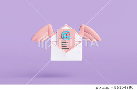 Flying open envelope with wings isolated on purple background.notify newsletter,online incoming email concept,3d illustration or 3d render 96104390