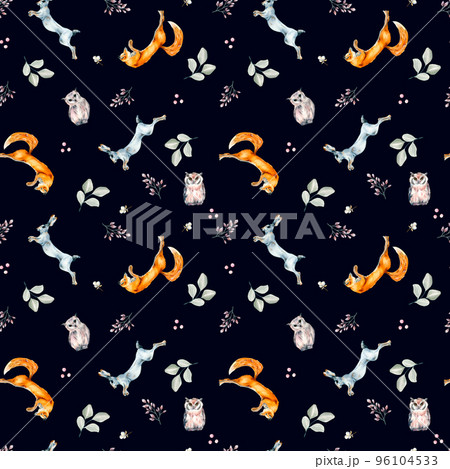 Wild animals, hare, fox, owl and plants watercolor seamless pattern isolated on dark. Wild animals, hare, fox, owl and plants watercolor seamless pattern isolated on dark. 96104533