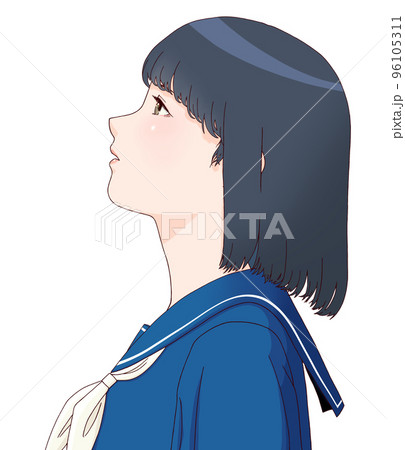 見上げる横向きの女学生のカラーイラスト　ボブヘア　リボン=白 96105311