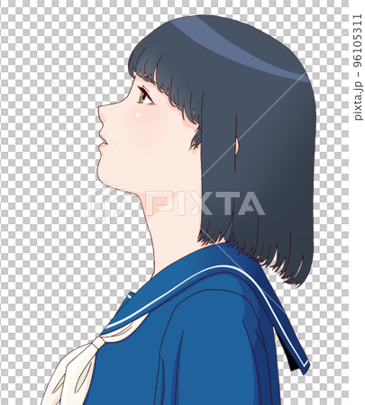 見上げる横向きの女学生のカラーイラスト　ボブヘア　リボン=白 96105311