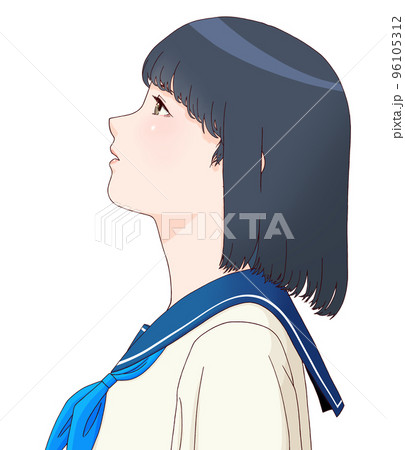 見上げる横向きの女学生のカラーイラスト　ボブヘア　リボン=青 96105312