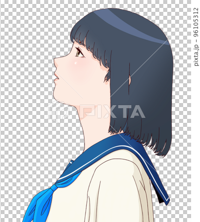 見上げる横向きの女学生のカラーイラスト　ボブヘア　リボン=青 96105312