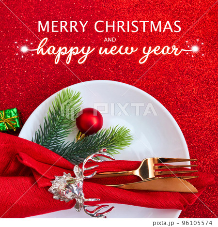 Christmas And New Year Holiday Table Setting, Red Holiday Decorations Christmas And New Year Holiday Table Setting, Red Holiday Decorations 96105574