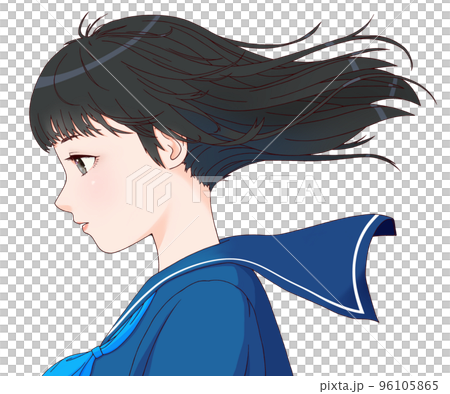 側身女學生的彩色插圖，頭髮在風中飄揚，長發，黑髮，藍絲帶 96105865