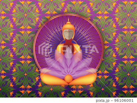 Buddha sitting in meditation over Golden Mandala, esoteric purple lotus vector illustration. Vintage sacred culture background. Indian, Buddhism, spiritual art. Gold, spirituality, Thai god, yoga Buddha sitting in meditation over Golden Mandala, esoteric purple lotus vector illustration. Vintage sacred culture background. Indian, Buddhism, spiritual art. Gold, spirituality, Thai god, yoga 96106001