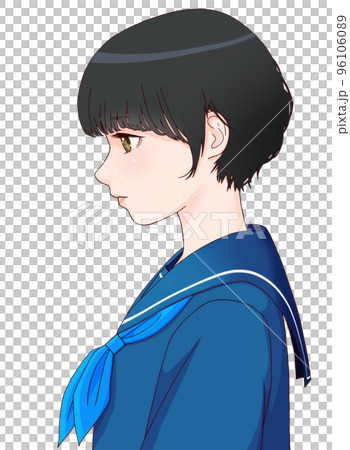 一個側身女學生的彩色插圖，她的頭朝下，短髮 = 黑色，絲帶 = 藍色 96106089