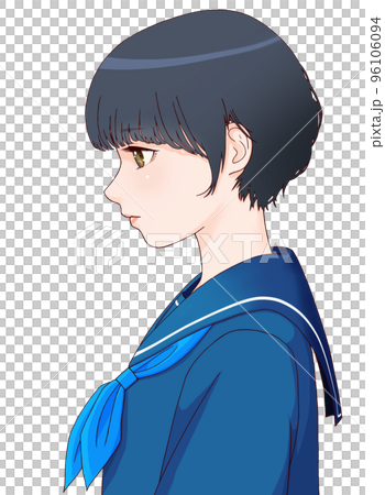 一個側身女學生的彩色插圖，頭朝下，短髮絲帶 = 藍色 96106094