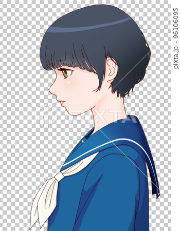 一個側身女學生的彩色插圖，頭朝下，短髮絲帶 = 白色 96106095