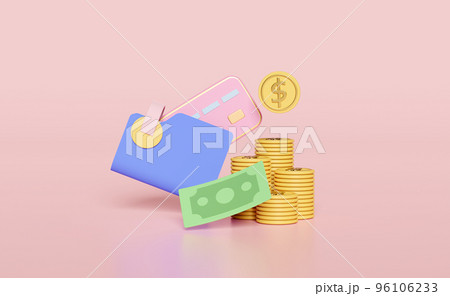 pile stacked dollar coin with wallet, banknotes, credit card isolated on pink background. online shopping, cashless payment concept, 3d illustration, 3d render 96106233