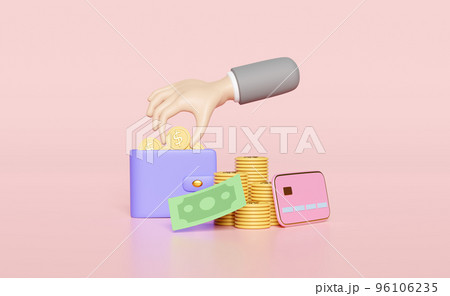 businessman hands holding dollar coin with pile stacked coin, wallet, banknotes, credit card isolated on pink background. saving money, cashless payment concept, 3d illustration, 3d render 96106235