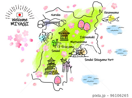 春の宮城県の観光地シンプル線画イラストマップ 春の宮城県の観光地シンプル線画イラストマップ 96106265