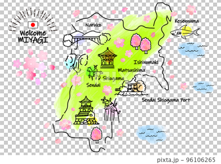 春の宮城県の観光地シンプル線画イラストマップ 春の宮城県の観光地シンプル線画イラストマップ 96106265