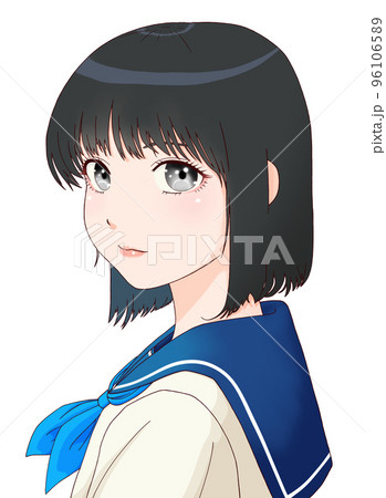 振り向いた横向きの女学生のカラーイラスト ボブヘア 瞳=黒、髪=黒、リボン=青 振り向いた横向きの女学生のカラーイラスト ボブヘア 瞳=黒、髪=黒、リボン=青 96106589
