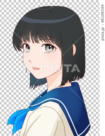 振り向いた横向きの女学生のカラーイラスト ボブヘア 瞳=黒、髪=黒、リボン=青 振り向いた横向きの女学生のカラーイラスト ボブヘア 瞳=黒、髪=黒、リボン=青 96106589
