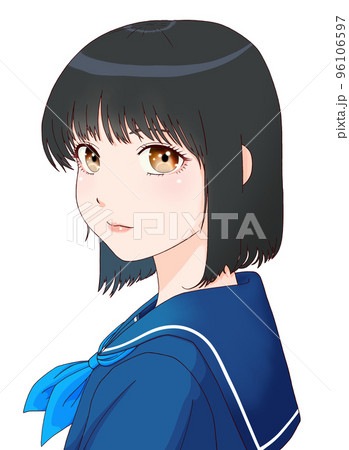 振り向いた横向きの女学生のカラーイラスト　ボブヘア　瞳=茶、髪=黒、リボン=青 96106597