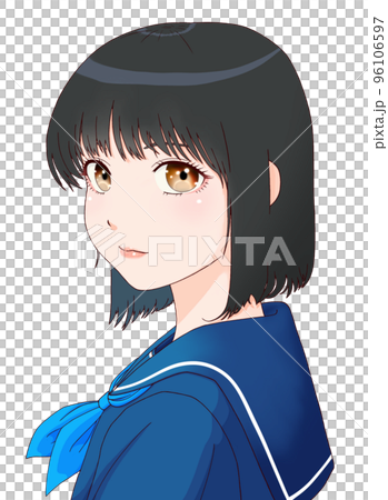 振り向いた横向きの女学生のカラーイラスト　ボブヘア　瞳=茶、髪=黒、リボン=青 96106597