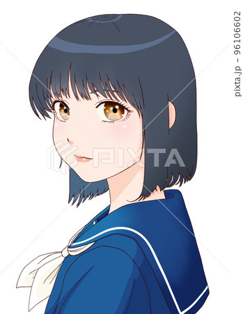 振り向いた横向きの女学生のカラーイラスト　ボブヘア　瞳=茶、リボン=白 96106602