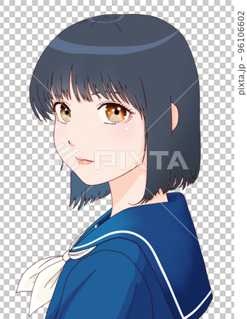 振り向いた横向きの女学生のカラーイラスト　ボブヘア　瞳=茶、リボン=白 96106602