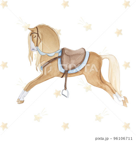 Watercolor illustration of vintage cute fairy tale children's toy horse in cartoon style with stars, isolated 96106711