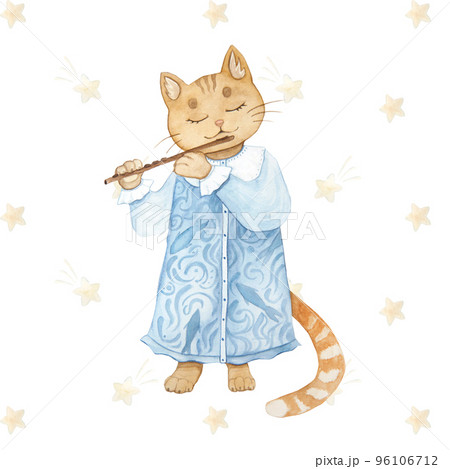 Watercolor illustration of vintage cute fairy tale cat with a flute, isolated 96106712