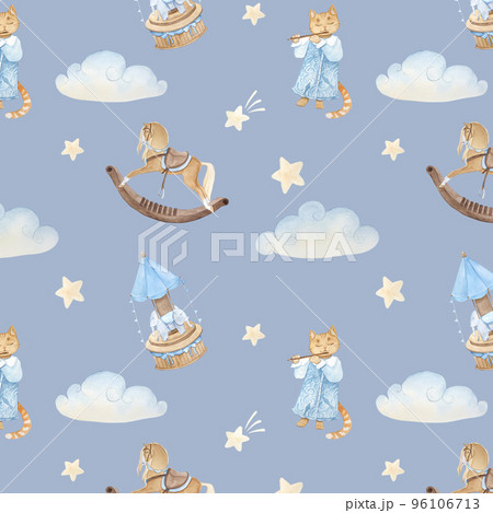 Watercolor pattern with vintage cute fairy tale cats, carouseles, rocking horses, clouds, stars on blue background 96106713