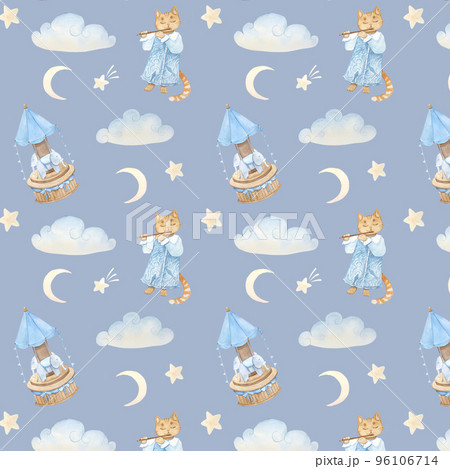Watercolor pattern with vintage cute fairy tale cats, carouseles, clouds, stars on blue background 96106714