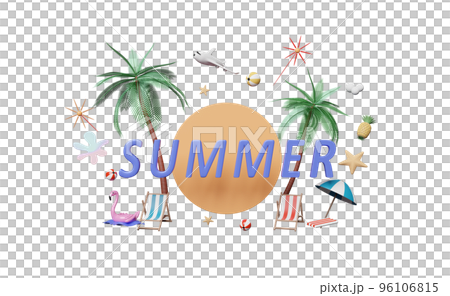 summer travel with beach chair, ball, umbrella, plane, inflatable flamingo, coconut palm tree, starfish, pineapple isolated. abstract background, 3d illustration or 3d render summer travel with beach chair, ball, umbrella, plane, inflatable flamingo, coconut palm tree, starfish, pineapple isolated. abstract background, 3d illustration or 3d render 96106815