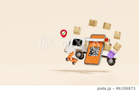 mobile phone, smartphone with truck, qr code scanning, goods cardboard box isolated on beige background. Online delivery, online order tracking, search data concept, 3d illustration, 3d render mobile phone, smartphone with truck, qr code scanning, goods cardboard box isolated on beige background. Online delivery, online order tracking, search data concept, 3d illustration, 3d render 96106873