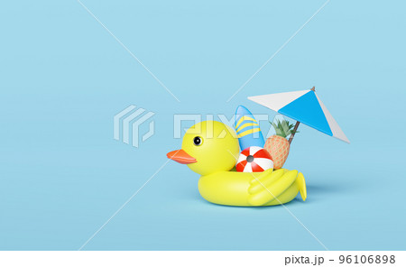 yellow inflatable duck with umbrella,ball,pineapple,surfboard isolated on blue,abstract background. summer travel concept, 3d illustration or 3d render 96106898