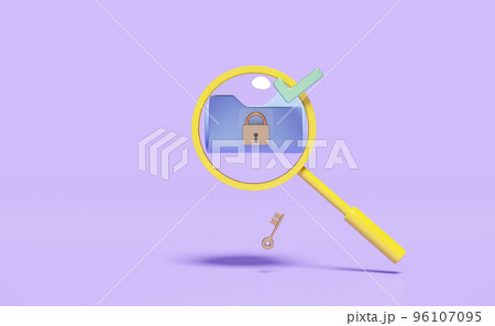 magnifying glass with unlock,lock,cloud folder isolated on purple background,minimal web data search engine concept,3d illustration or 3d render 96107095