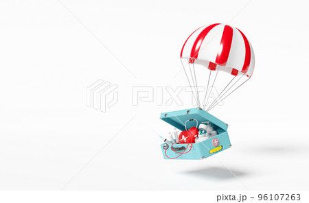 parachute with first aid kit,stethoscope,syringe,red heart and blood pressure heart rate isolated on white background ,health love or world heart day concept,3d illustration or 3d render 96107263