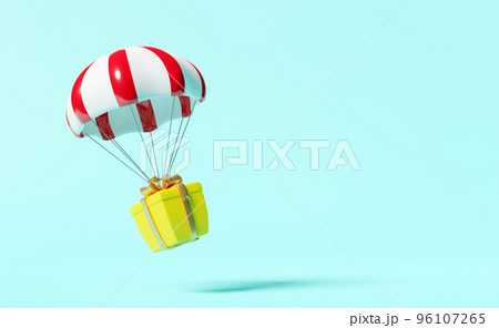 parachute with yellow gift box isolated on blue background.concept 3d illustration or 3d render 96107265