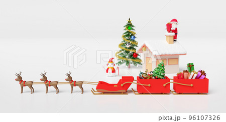 reindeer sleigh with santa claus,gift box,christmas tree isolated on white background.website or poster or Happiness cards,banner and festive New Year, 3d illustration or 3d render 96107326