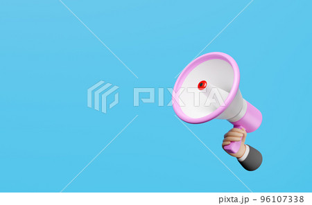 businessman hands holding pink megaphone or hand speaker isolated on blue background ,Concept 3d illustration or 3d render 96107338