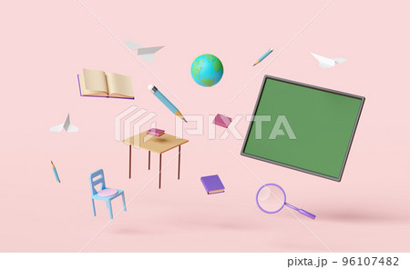 green blackboard with globe,paper plane,student desk,chair,magnifying,open book isolated on pink background.room online innovative education,e-learning concept,3d illustration or 3d render green blackboard with globe,paper plane,student desk,chair,magnifying,open book isolated on pink background.room online innovative education,e-learning concept,3d illustration or 3d render 96107482