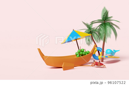 summer travel with boat,beach chair,umbrella,palm tree ,coconut,whale,surfboard,crab,lifebuoy,oar isolated on pink background.shopping summer sale concept,3d illustration,3d render summer travel with boat,beach chair,umbrella,palm tree ,coconut,whale,surfboard,crab,lifebuoy,oar isolated on pink background.shopping summer sale concept,3d illustration,3d render 96107522