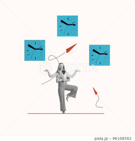 Contemporary art collage. Creative design. Young woman, employee finding time balance at work. Projects division 96108562