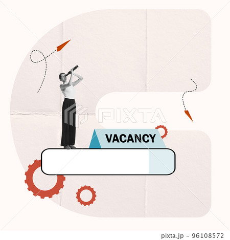 Contemporary art collage. Creative design. Young woman, office hiring manager looking in spyglass. Searching new employees Contemporary art collage. Creative design. Young woman, office hiring manager looking in spyglass. Searching new employees 96108572