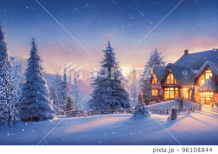 Beautiful winter house and christmas tree on the mountain 96108844